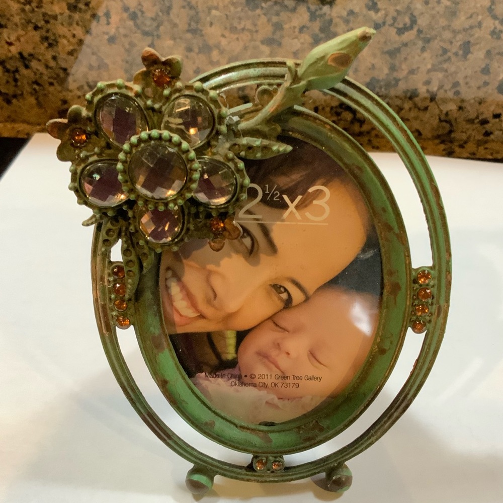 Photo Frame Green with Rhinestones Vintage Bohemian Victorian